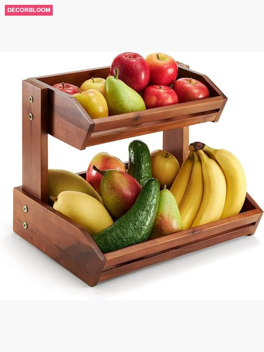 2-Tier Acacia Wood Fruit Basket for Kitchen Counter Storage